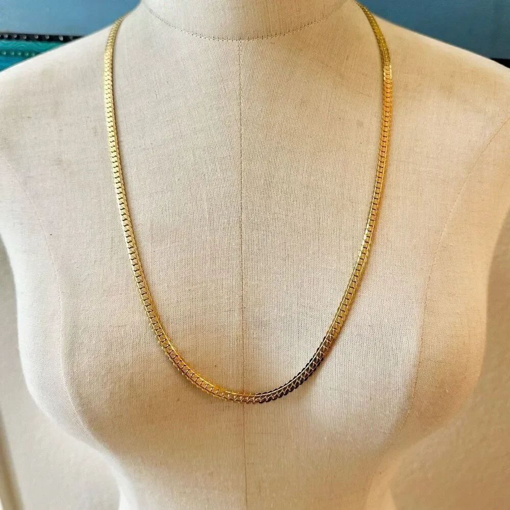 Gold tone long flat chain necklace